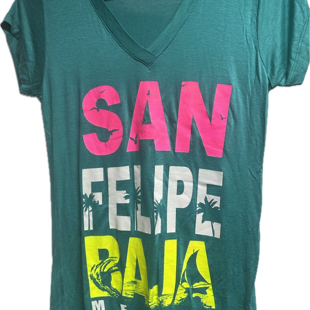San Felipe Baja Mexico Teal Graphic V-Neck T-Shirt Size M